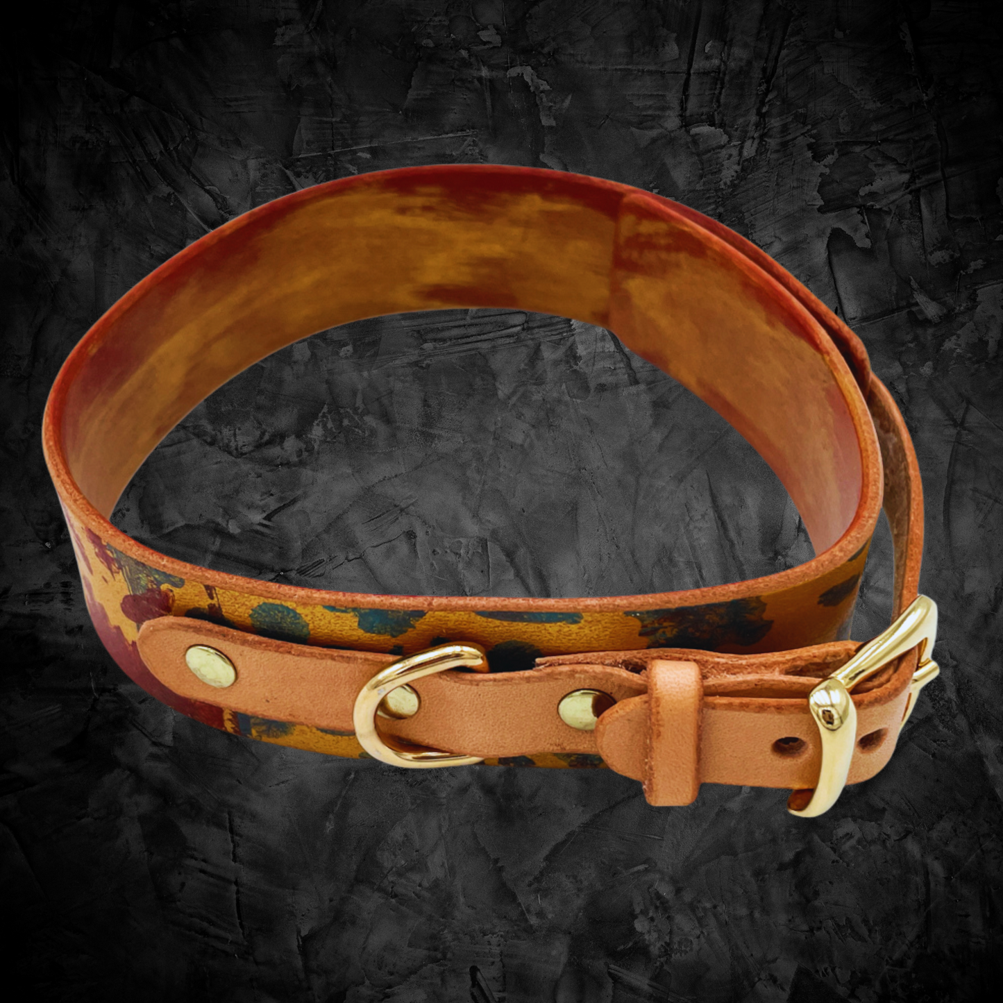 Stylish small dog collar: hand-painted leather with unique Steampunk pattern and golden clasp