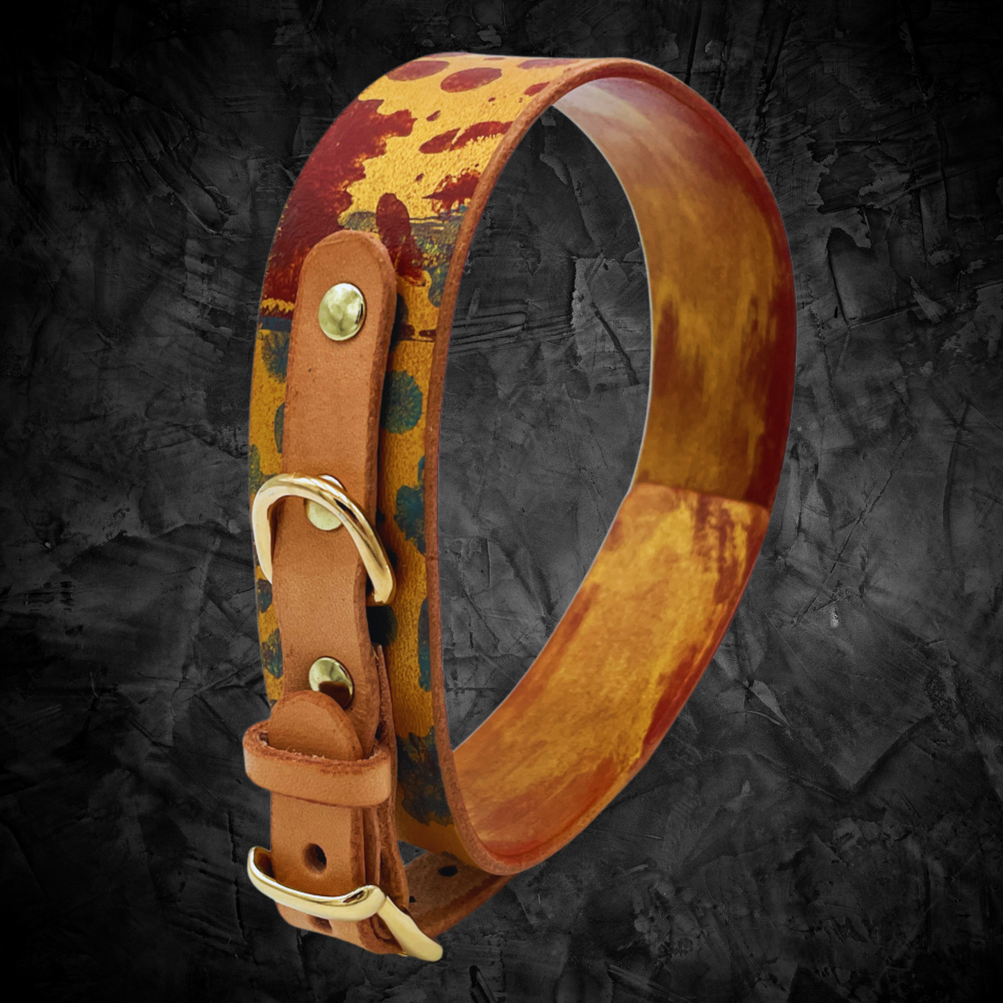 Stylish small dog collar: hand-painted leather with unique Steampunk pattern and golden clasp