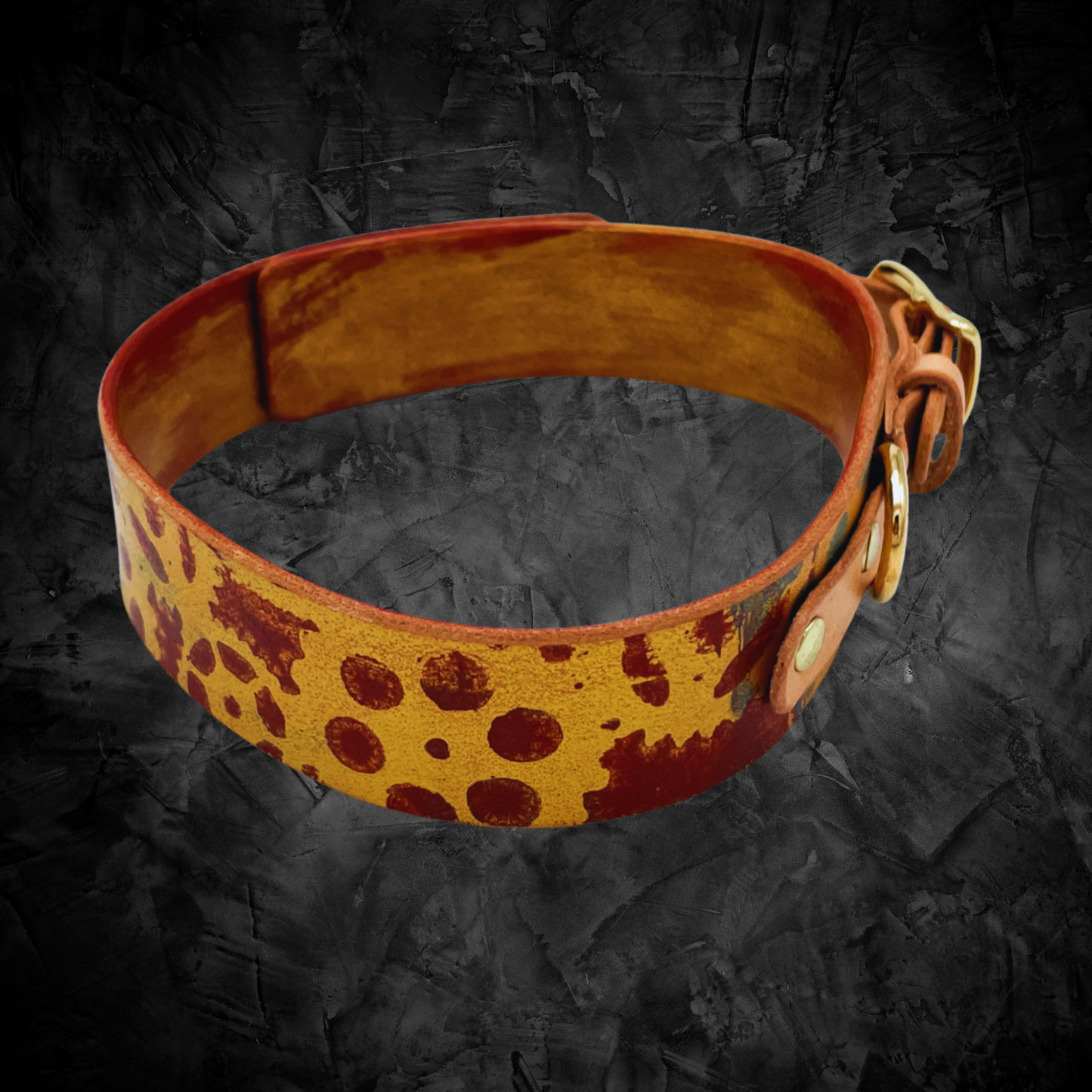 Stylish small dog collar: hand-painted leather with unique Steampunk pattern and golden clasp