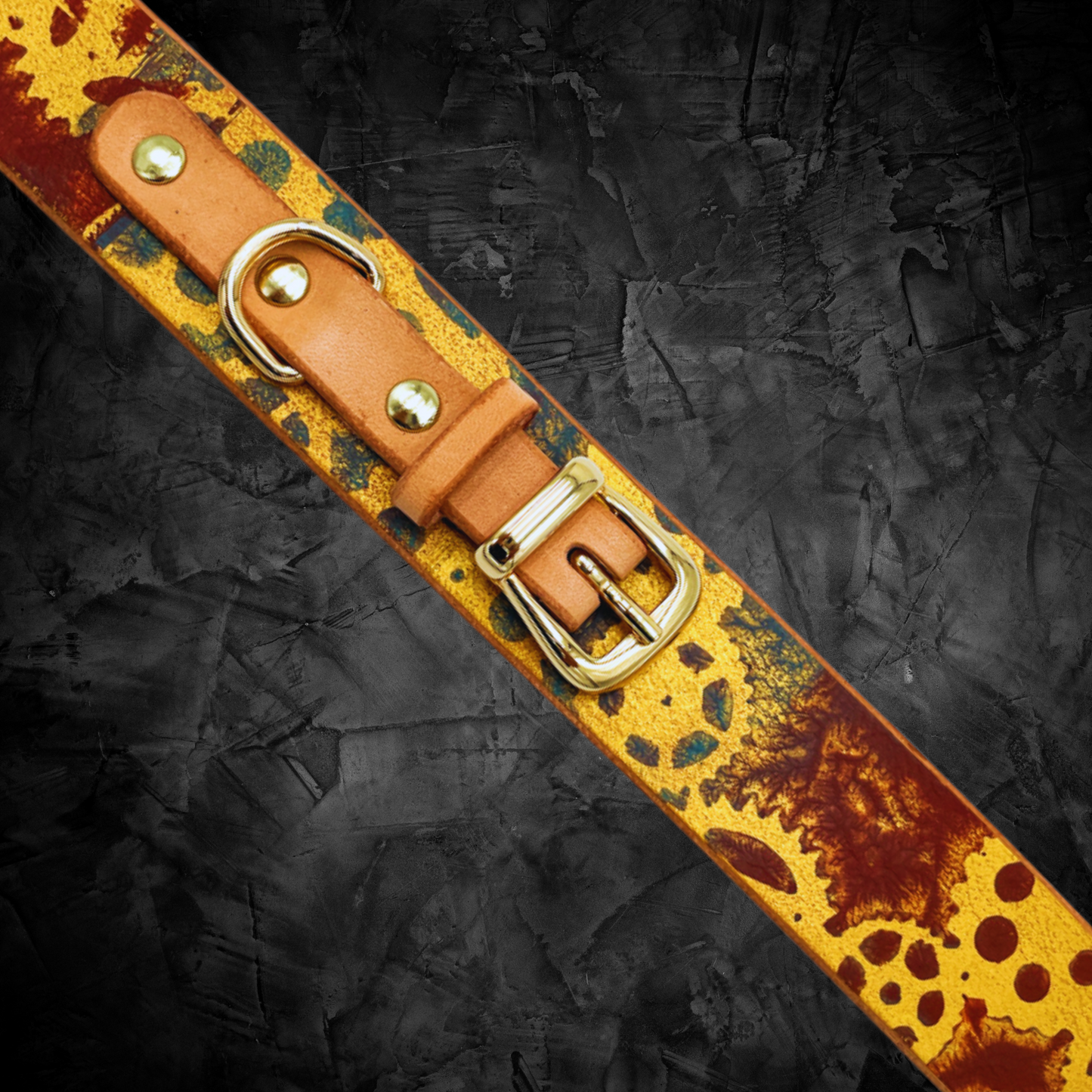 Stylish small dog collar: hand-painted leather with unique Steampunk pattern and golden clasp